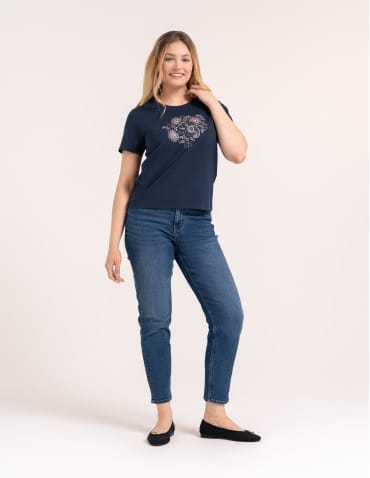 Koszulki z krótkim rękawem - Bawełniany t-shirt damski z krótkim rękawem w stylu boho GRANATOWY - produkt 4