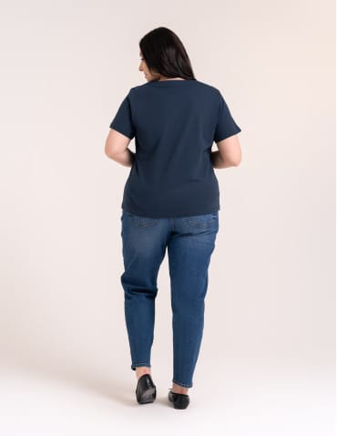 Koszulki z krótkim rękawem - Bawełniany t-shirt damski z krótkim rękawem w stylu boho GRANATOWY - produkt 12