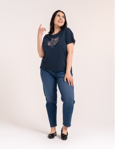 Koszulki z krótkim rękawem - Bawełniany t-shirt damski z krótkim rękawem w stylu boho GRANATOWY - produkt 10
