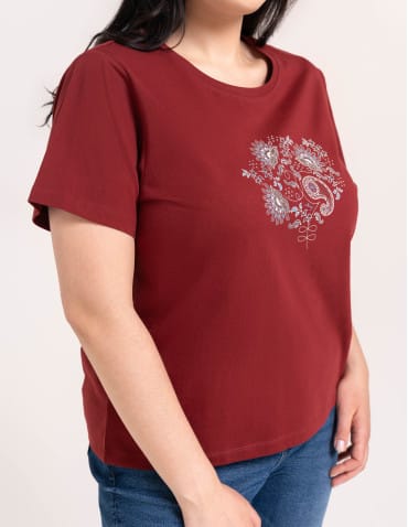 Koszulki z krótkim rękawem - Bawełniany t-shirt damski z krótkim rękawem w stylu boho BORDOWY - produkt 3