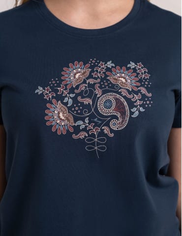 Koszulki z krótkim rękawem - Bawełniany t-shirt damski z krótkim rękawem w stylu boho GRANATOWY - produkt 2