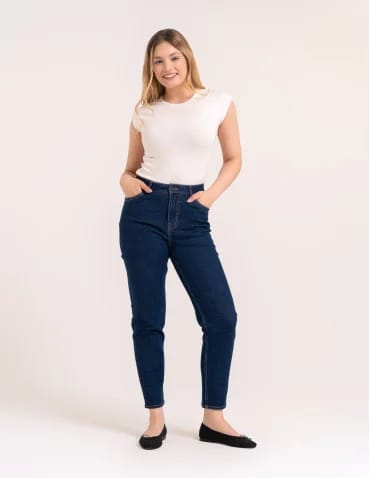 Damskie spodnie jeansowe mom fit - GRANATOWY