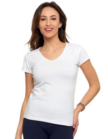 Koszulki i T-shirty - T-shirt damski bawełniany z dekoltem V BIAŁY - produkt 1