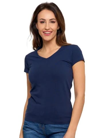 Koszulki i T-shirty - T-shirt damski bawełniany z dekoltem V GRANATOWY - produkt 1