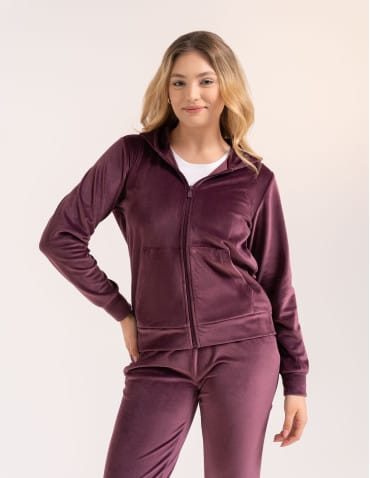 Bluzy dresowe - Bluza damska welurowa rozpinana z kapturem i kieszeniami FIOLETOWY - produkt 1