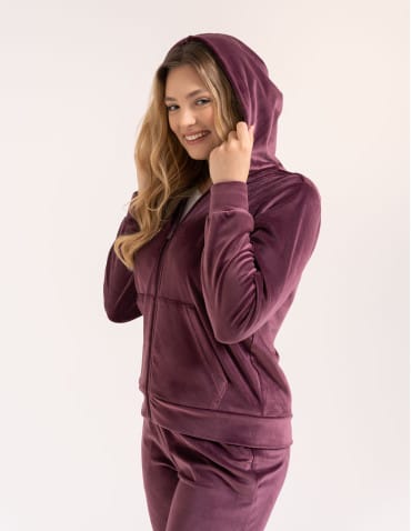 Bluzy dresowe - Bluza damska welurowa rozpinana z kapturem i kieszeniami FIOLETOWY - produkt 3