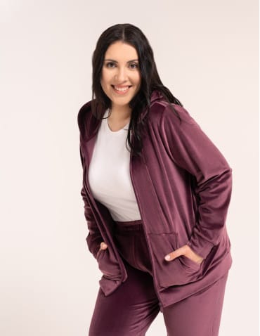 Bluzy dresowe - Bluza damska welurowa rozpinana z kapturem i kieszeniami FIOLETOWY - produkt 5