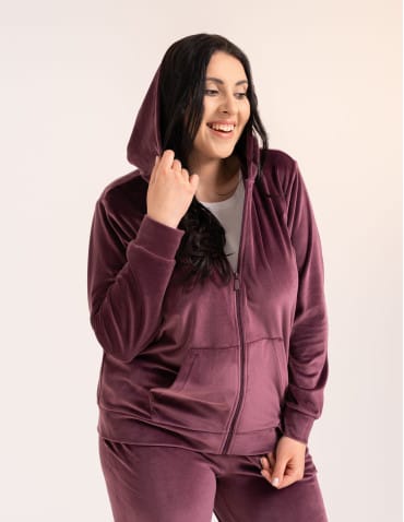 Bluzy dresowe - Bluza damska welurowa rozpinana z kapturem i kieszeniami FIOLETOWY - produkt 1