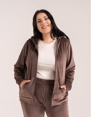 Bluzy dresowe - Bluza damska welurowa rozpinana z kapturem i kieszeniami BRĄZOWY - produkt 10