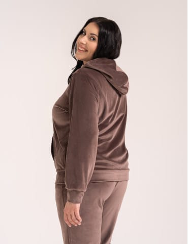 Bluzy dresowe - Bluza damska welurowa rozpinana z kapturem i kieszeniami BRĄZOWY - produkt 14