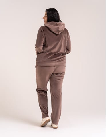 Bluzy dresowe - Bluza damska welurowa rozpinana z kapturem i kieszeniami BRĄZOWY - produkt 16