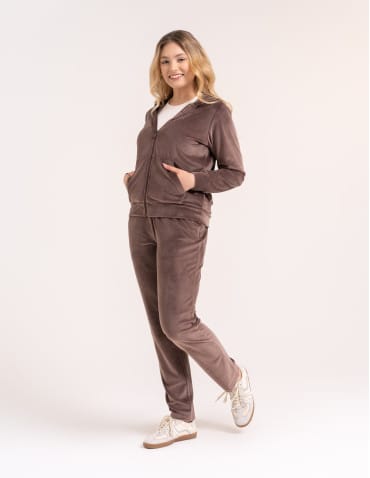 Bluzy dresowe - Bluza damska welurowa rozpinana z kapturem i kieszeniami BRĄZOWY - produkt 6