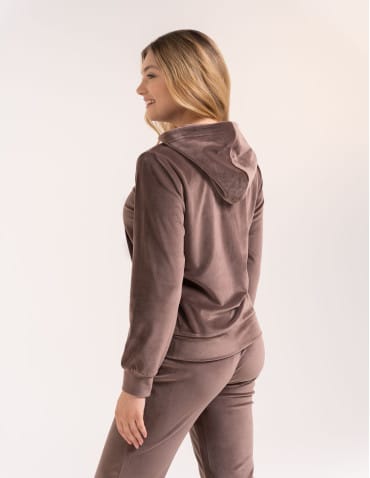 Bluzy dresowe - Bluza damska welurowa rozpinana z kapturem i kieszeniami BRĄZOWY - produkt 7