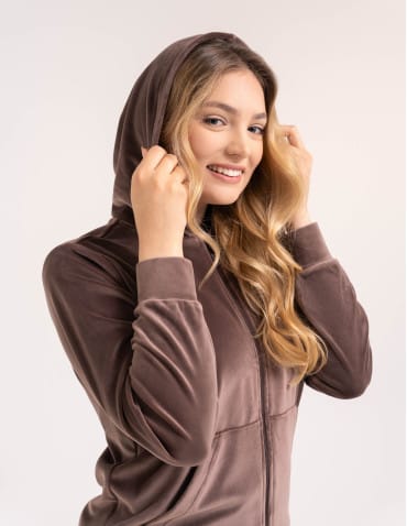 Bluza damska welurowa rozpinana z kapturem i kieszeniami - BRĄZOWY  - produkt 2