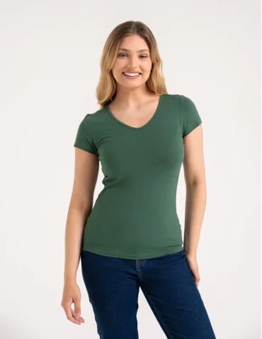 Koszulki i T-shirty - T-shirt damski bawełniany z dekoltem V KHAKI - produkt 1