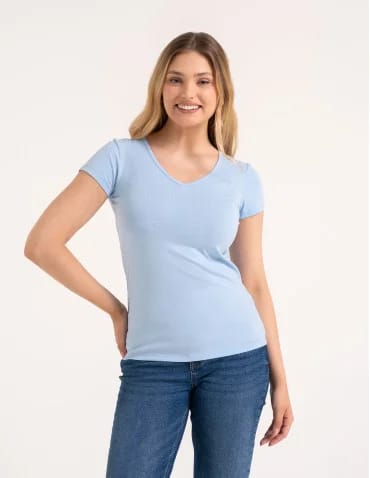 Koszulki i T-shirty - T-shirt damski bawełniany z dekoltem V NIEBIESKI - produkt 1