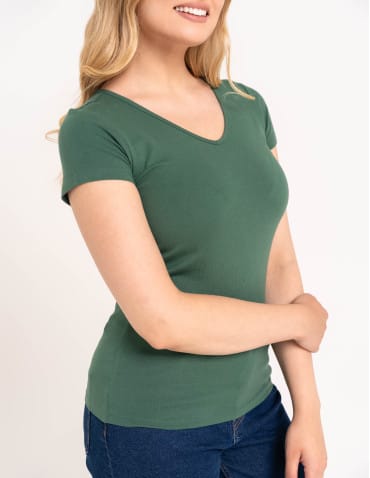 Koszulki i T-shirty - T-shirt damski bawełniany z dekoltem V KHAKI - produkt 3