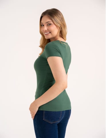 Koszulki i T-shirty - T-shirt damski bawełniany z dekoltem V KHAKI - produkt 4