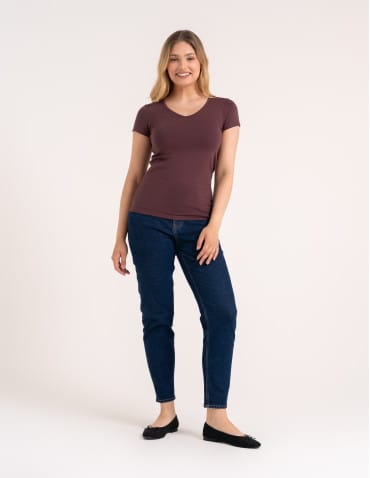 Koszulki i T-shirty - T-shirt damski bawełniany z dekoltem V BRĄZOWY - produkt 3