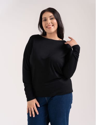 Bluzki z długim rękawem - Bluzka damska z wiskozy długi rękaw miękka w dotyku longsleeve CZARNY - produkt 5