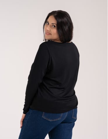 Bluzki z długim rękawem - Bluzka damska z wiskozy długi rękaw miękka w dotyku longsleeve CZARNY - produkt 8