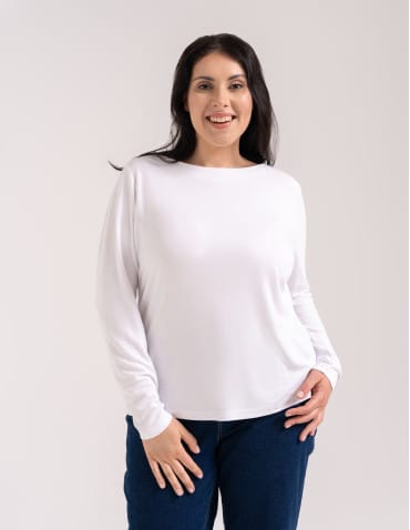 Bluzki z długim rękawem - Bluzka damska z wiskozy długi rękaw miękka w dotyku longsleeve BIAŁY - produkt 5