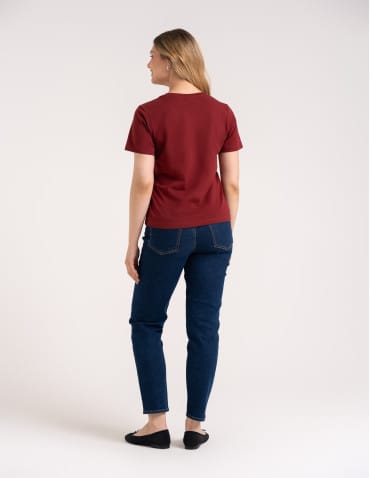 Koszulki z krótkim rękawem - Bawełniany t-shirt damski z krótkim rękawem w stylu boho BORDOWY - produkt 6
