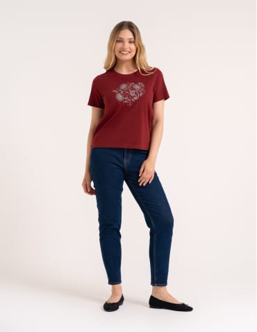 Koszulki z krótkim rękawem - Bawełniany t-shirt damski z krótkim rękawem w stylu boho BORDOWY - produkt 3