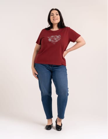 Koszulki z krótkim rękawem - Bawełniany t-shirt damski z krótkim rękawem w stylu boho BORDOWY - produkt 4