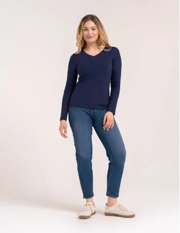 Klasyczny longsleeve damski bawełniany Slim Fit - NIEBIESKI