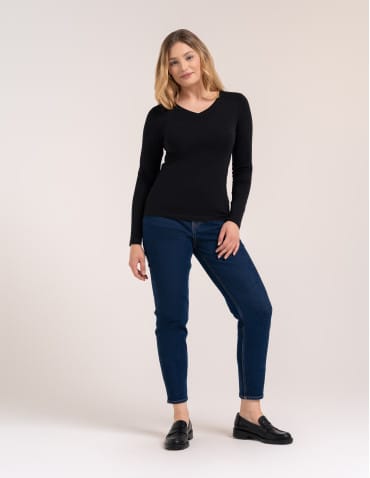 Bluzki z długim rękawem - Klasyczny longsleeve damski bawełniany Slim Fit CZARNY - produkt 3