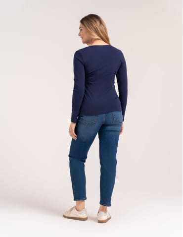 Bluzki z długim rękawem - Klasyczny longsleeve damski bawełniany Slim Fit NIEBIESKI - produkt 7
