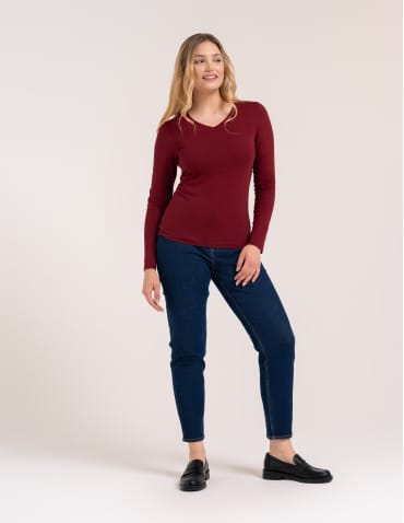 Bluzki z długim rękawem - Klasyczny longsleeve damski bawełniany Slim Fit BORDOWY - produkt 4