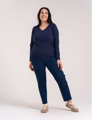 Bluzki z długim rękawem - Klasyczny longsleeve damski bawełniany Slim Fit NIEBIESKI - produkt 10