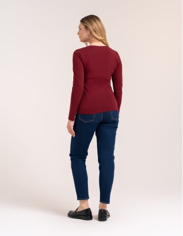 Bluzki z długim rękawem - Klasyczny longsleeve damski bawełniany Slim Fit BORDOWY - produkt 5