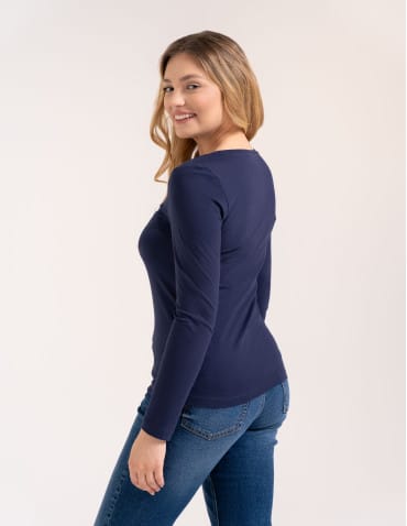 Bluzki z długim rękawem - Klasyczny longsleeve damski bawełniany Slim Fit NIEBIESKI - produkt 5