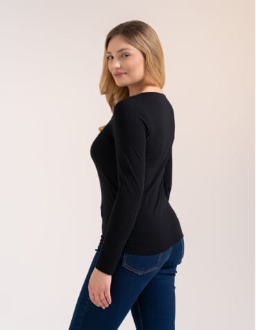 Bluzki z długim rękawem - Klasyczny longsleeve damski bawełniany Slim Fit CZARNY - produkt 5