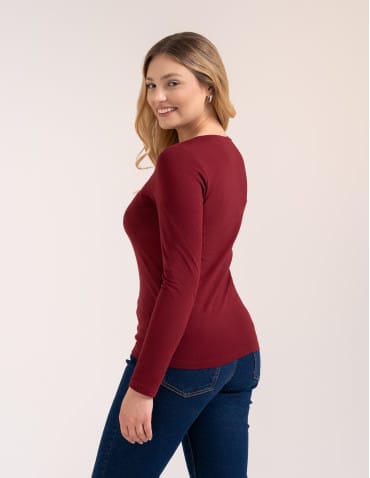 Bluzki z długim rękawem - Klasyczny longsleeve damski bawełniany Slim Fit BORDOWY - produkt 3