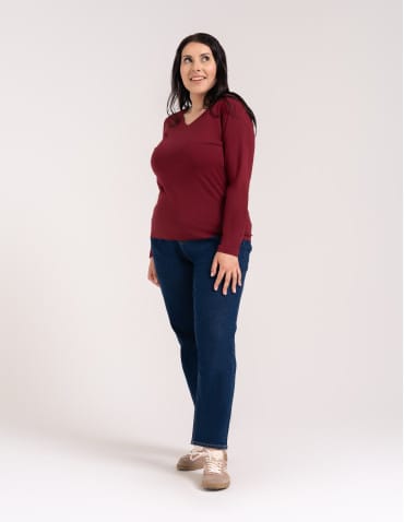 Bluzki z długim rękawem - Klasyczny longsleeve damski bawełniany Slim Fit BORDOWY - produkt 3