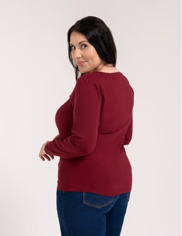 Bluzki z długim rękawem - Klasyczny longsleeve damski bawełniany Slim Fit BORDOWY - produkt 4