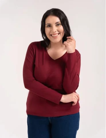 Bluzki z długim rękawem - Klasyczny longsleeve damski bawełniany Slim Fit BORDOWY - produkt 1