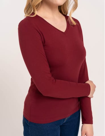 Bluzki z długim rękawem - Klasyczny longsleeve damski bawełniany Slim Fit BORDOWY - produkt 2