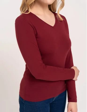 Klasyczny longsleeve damski bawełniany Slim Fit - BORDOWY  - produkt 2