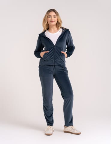Bluzy dresowe - Bluza damska welurowa rozpinana z kapturem i kieszeniami SZARY - produkt 7