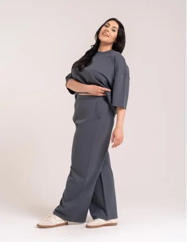 Spodnie dresowe - Spodnie damskie Wide Leg wygodne z wysokim stanem GRAFITOWY - produkt 1