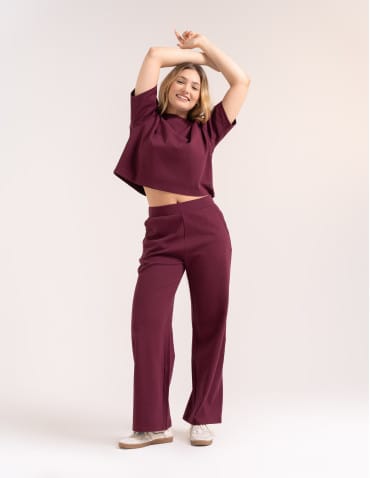 Spodnie dresowe - Spodnie damskie Wide Leg wygodne z wysokim stanem BORDOWY - produkt 4