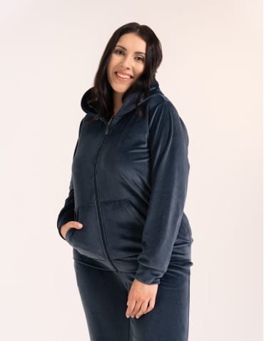 Bluzy dresowe - Bluza damska welurowa rozpinana z kapturem i kieszeniami SZARY - produkt 13