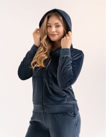 Bluzy dresowe - Bluza damska welurowa rozpinana z kapturem i kieszeniami SZARY - produkt 3