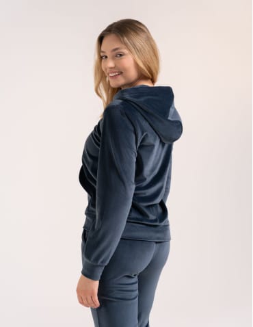 Bluzy dresowe - Bluza damska welurowa rozpinana z kapturem i kieszeniami SZARY - produkt 6