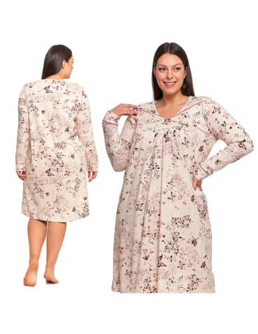 Koszule nocne z długim rękawem - Koszula nocna damska bawełna długi rękaw w kwiaty z marszczeniem Plus Size BEŻOWY - produkt 4